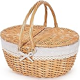 Happypicnic Wicker Picnic Basket with Handle, 15" Large Empty Picnic Basket with Lid & Removable Liner, Vintage Hand Woven Basket for Picnics, Camping, Veg Picking, Mother'S Day, Thanksgiving (Flower)