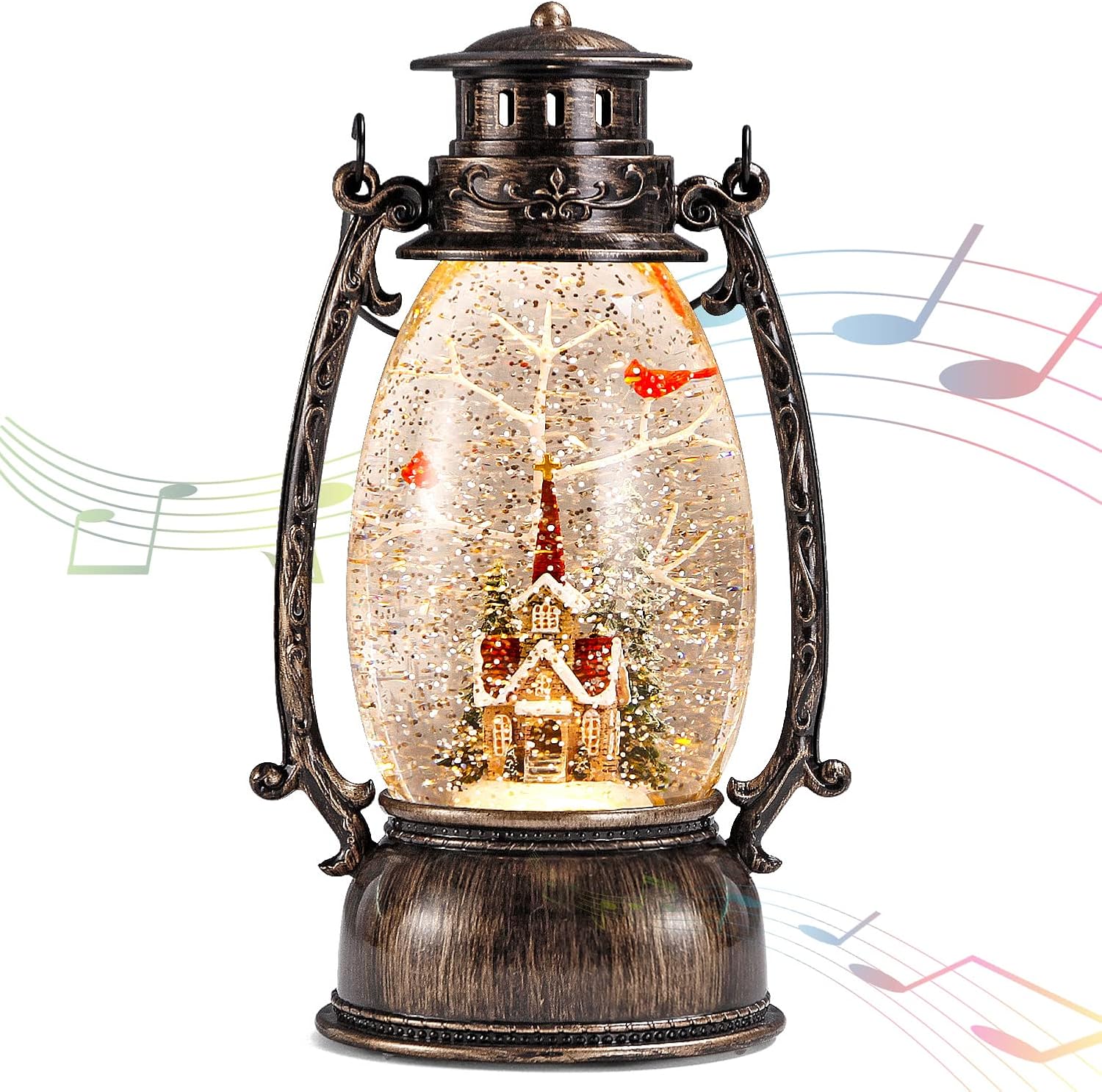 Snow Globes - Christmas Snow Globe Lantern, Christmas Village Church Scene Lighted Snow Globes Musical with Swirling Glitter, Battery Powered Christmas Decorations Indoor for Home