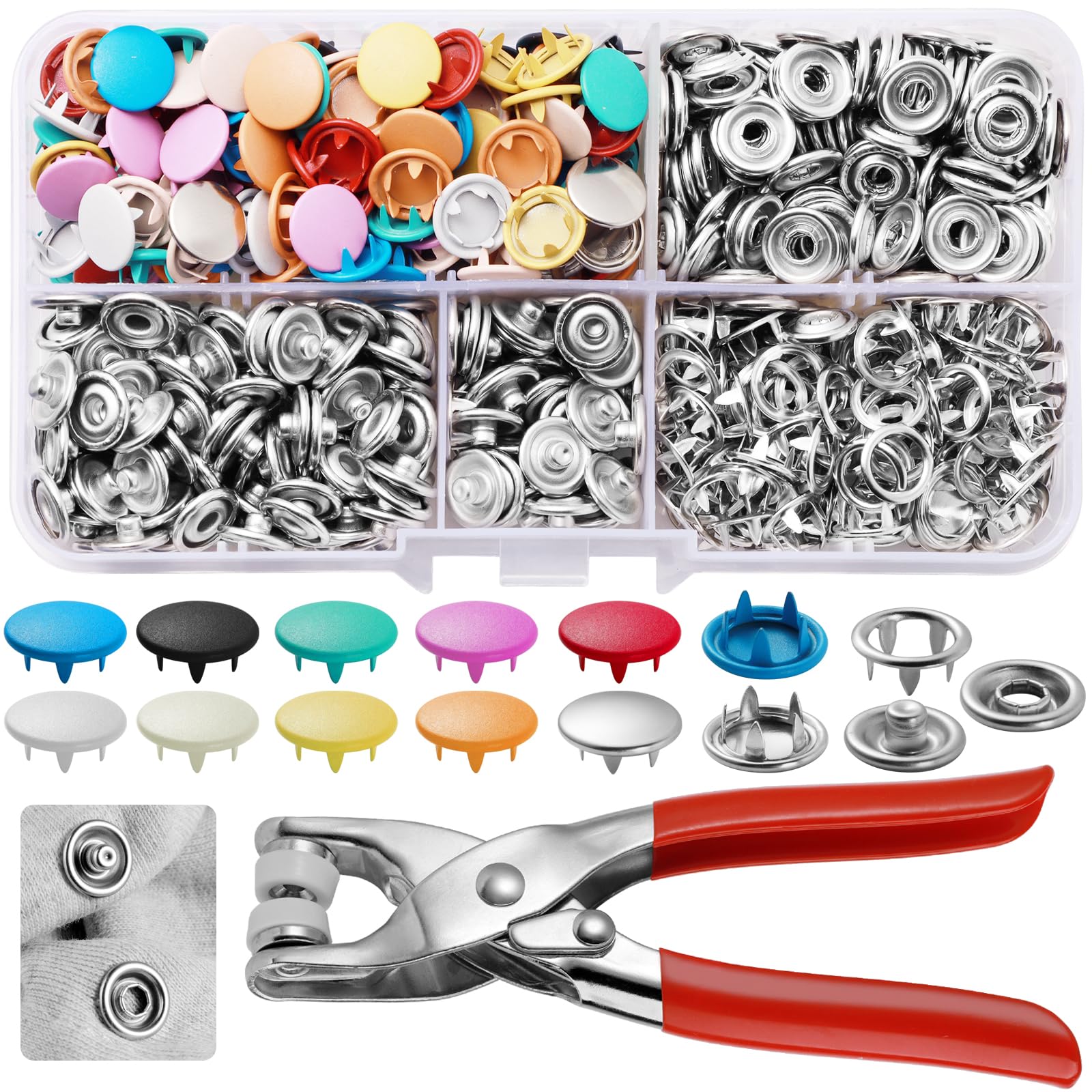 150 Set 9.5MM Snap Button Fastener Kit, No Sewing Press Stud Kit, Press Stud Kit for Clothing, Five Claw Buckle Tool Set with Fastener Pliers for Sewing DIY Crafting