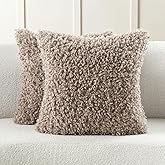 FUTEI Khaki Decorative Throw Pillow Covers 18x18 Inch Set of 2,Soft Fluffy Faux Wool Fur Boucle Textured Cushion Case,Modern Home Decor for Couch Bed Living Room Office