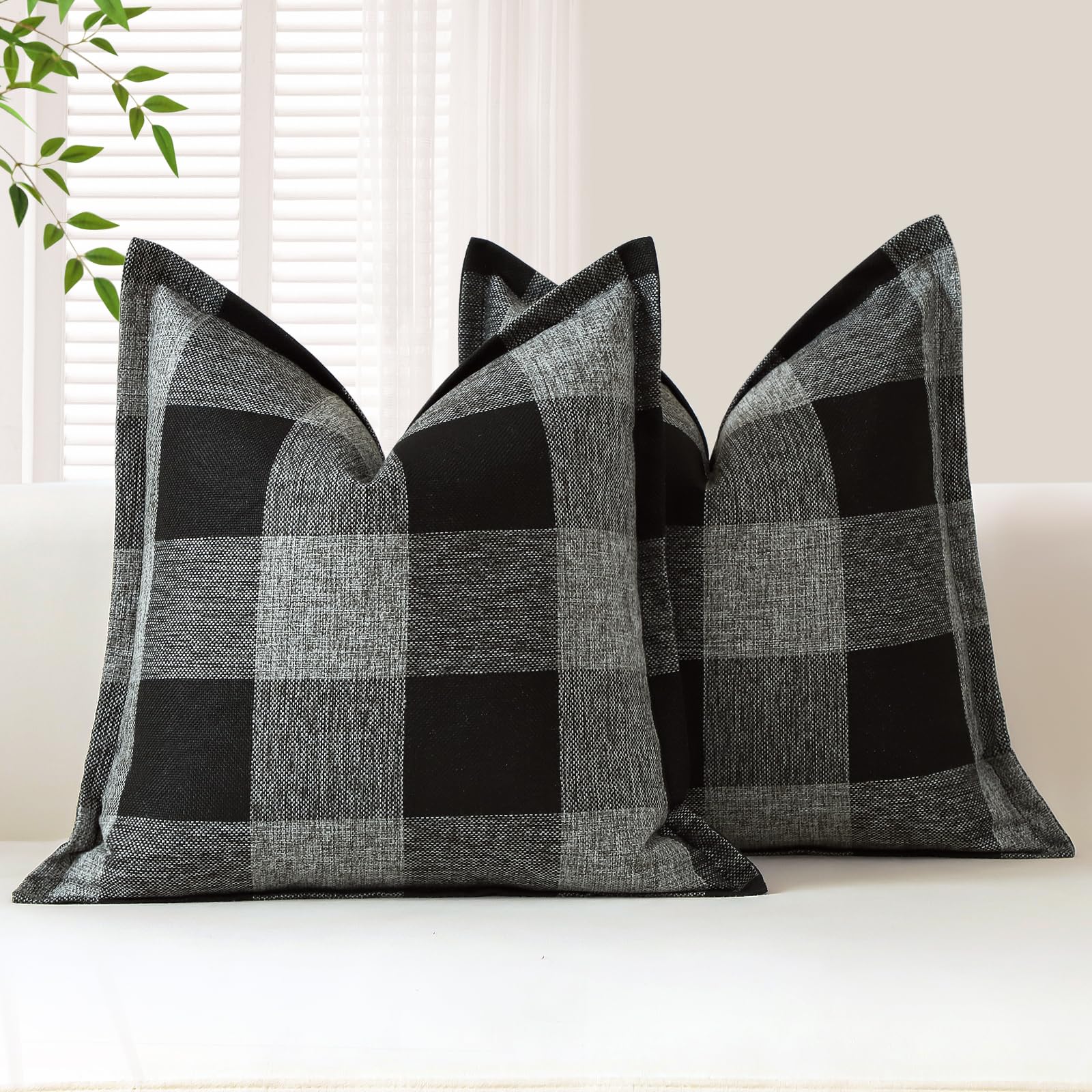 Sungeek Buffalo Check Plaid Cushion Covers 50 x 50 Set of 2 Linen Christmas Tartan Decorative Square Pillow Covers with Stitched Edge for Sofa Couch Bed Living Room 20x20 Inch (Black and Grey)