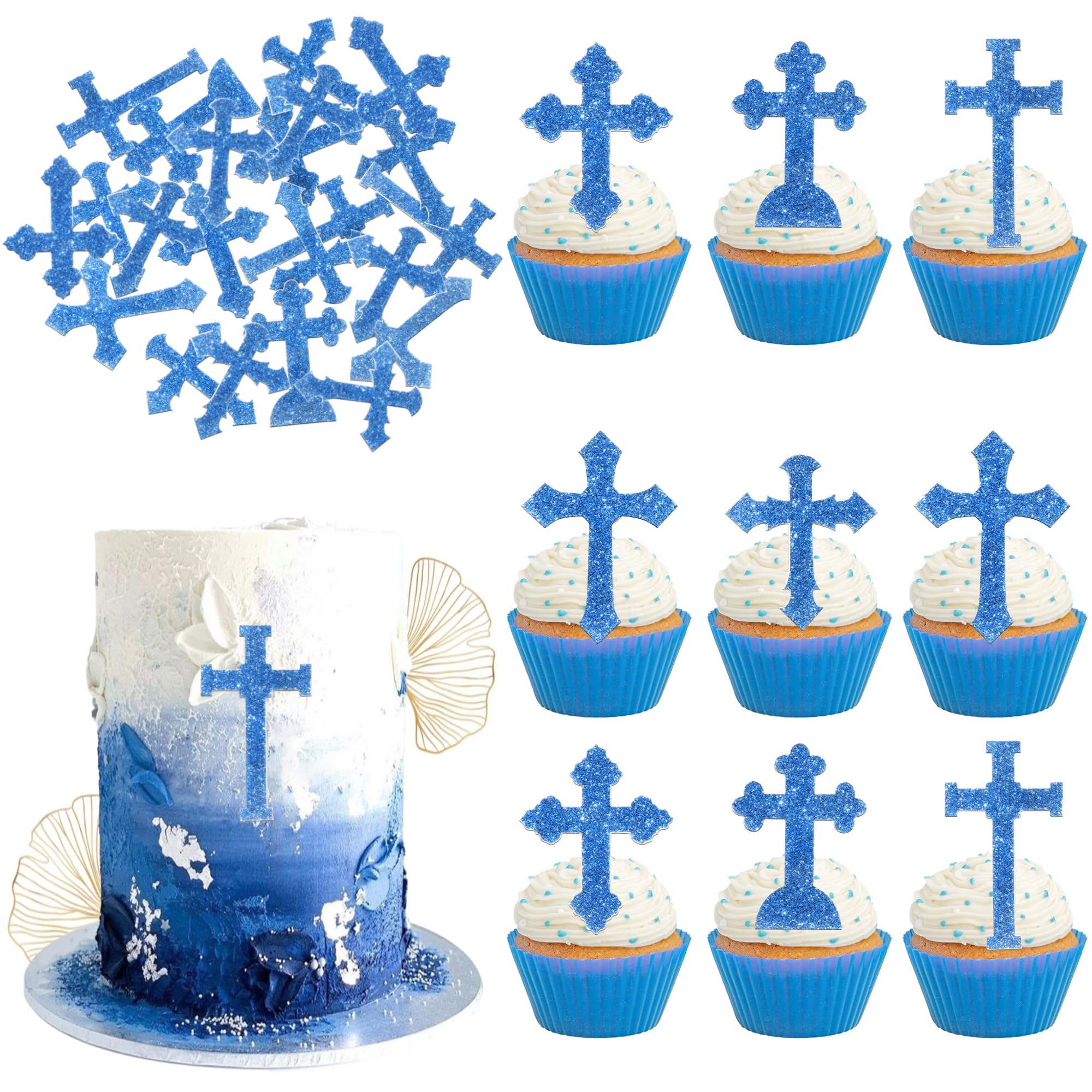 Xsstarmi 60 Pack Edible Cross Cupcake Toppers Rice Paper Christian Baptism God Bless Theme Cupcake Picks Decoration for Religious Theme Baby Shower Birthday Party Cake Decorations Blue