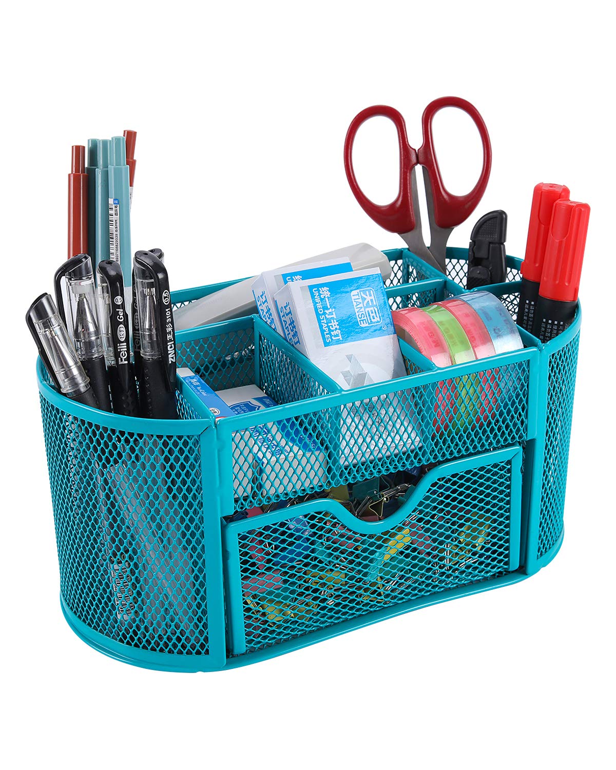 EasyPAG Office Mesh Desk Tidy Versatile Stationery Storage Desktop Organiser Pen Holder with Drawer,Turquoise