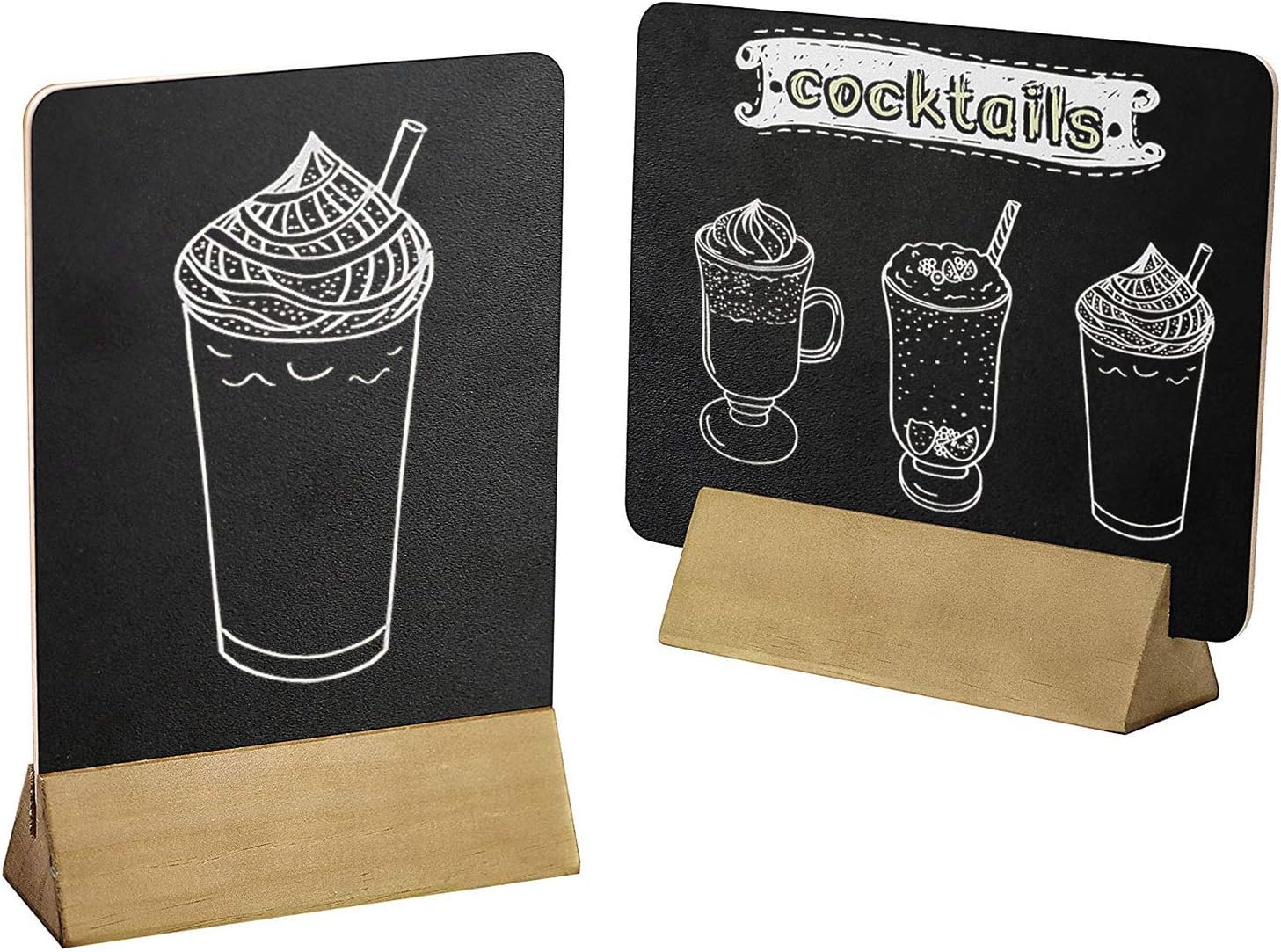 Set of 2 Tabletop Double Sided Chalkboard Display Sign/Placeholder with Wooden Base Stand, Beige