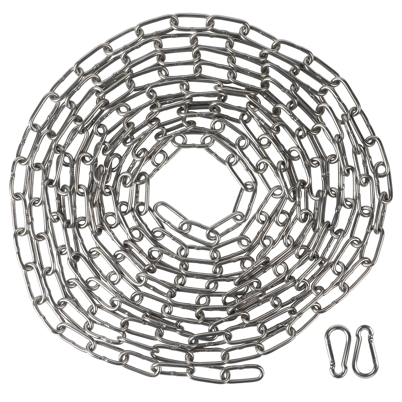EXLECO 5 m Stainless Steel Chain 3 mm Steel Chain Link Chain Barrier Chain Decorative Chain Metal Chain for Hanging Dog Chain Anchor Chain Round Link Chain Long Links with 2 Carabiner Hooks Polished