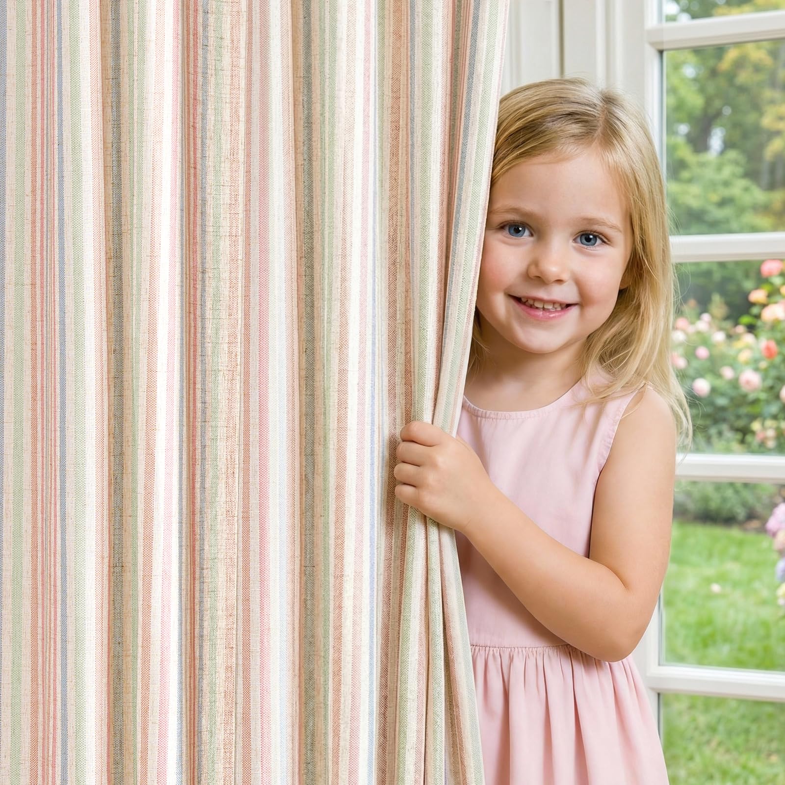 jinchan Linen Curtains for Living Room Candy Striped Curtains 84 inch Length for Baby Girls Kids Room Ticking Stripe Pattern Light Filtering Nursery Drapes Grommet Window Treatments 2 Panels Candy Image