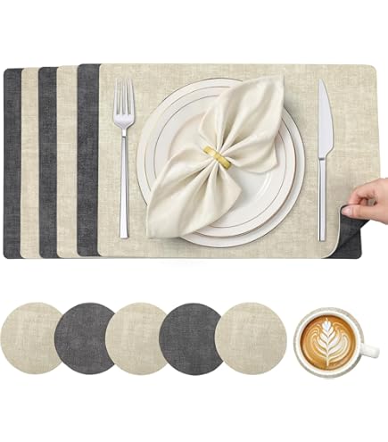 Set De Table Et Dessous De Verre Lot De 4 - Ronds, Double Face Similicuir, Antidérapants, Lavables - Vert, 34x34cm Et 10x10cm