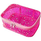 TotePrint Pink Star Print PVC Makeup Bag Bulk,7.87×3.15×5.51 inch Clear Storage Bag Toiletry Pocket Zippered Pouch Waterproof Cosmetic Bags for Women (Pink)