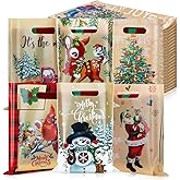 Sinmoe 200 Pcs Plastic Christmas Bags Bulk Christmas Merchandise Gift Bag with Handle 9" x 12" Reusable Xmas Goodie Treat Pouch for Candy Retail Shopping Business Party(Rustic Color,Vintage Style)