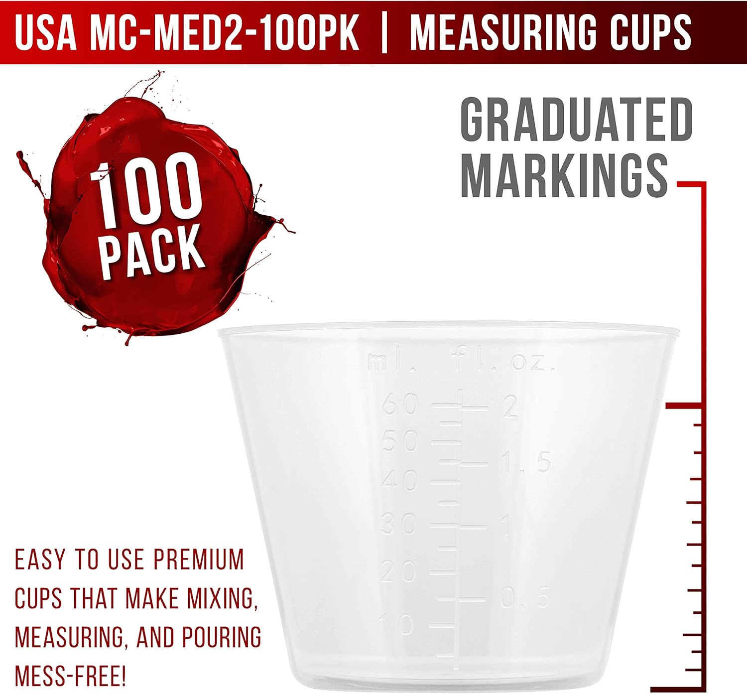Pouring Masters 2 Ounce (60ml) Graduated Plastic Measuring Cups (100 Clear Cups & 25 Mixing Sticks) - For Acrylic Paint, Resin, Epoxy, Art, Kitchen, Cooking, Medicine, Laboratory - OZ, ML Measurements