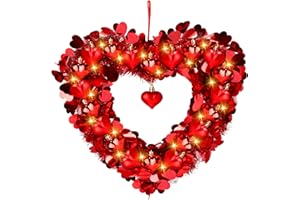 ANVAVO 14 Inch Valentine's Day Red Heart Wreath Hanging Door Garland Decoration with 20 LED Bulb for Valentine's Day Wedding Anniversary