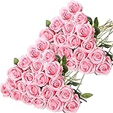 Hotop 40 Pcs Rose Artificial Flowers Bulk with Long Stem,Realistic Silk Fake Roses Bouquet for Home Wedding Centerpieces Party Table Decoration Valentines Gifts(Pink)