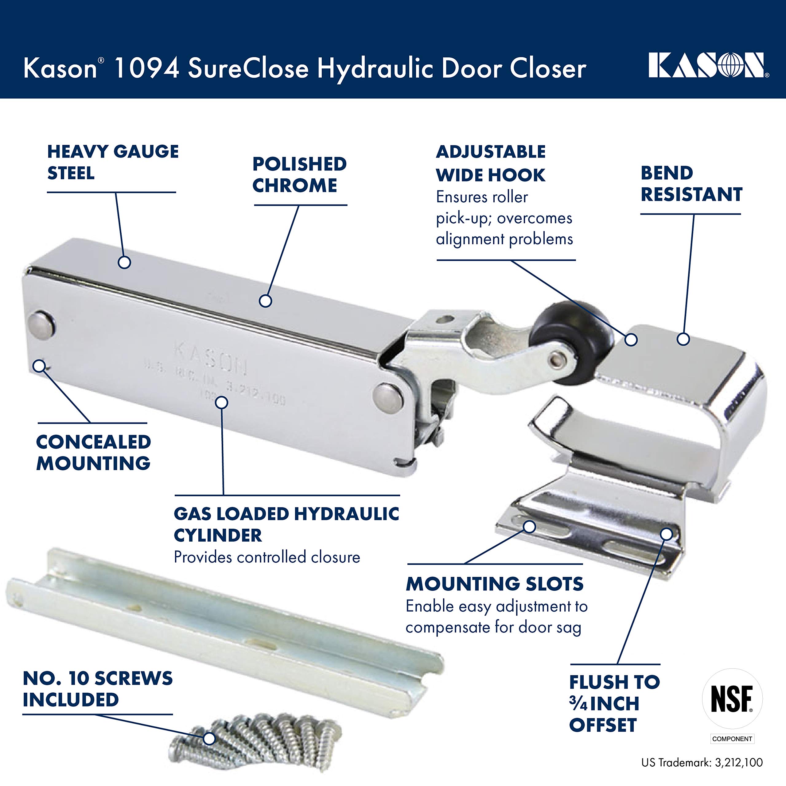 Kason 1094 SureClose Hydraulic Door Closer and Hook, Concealed Mounting