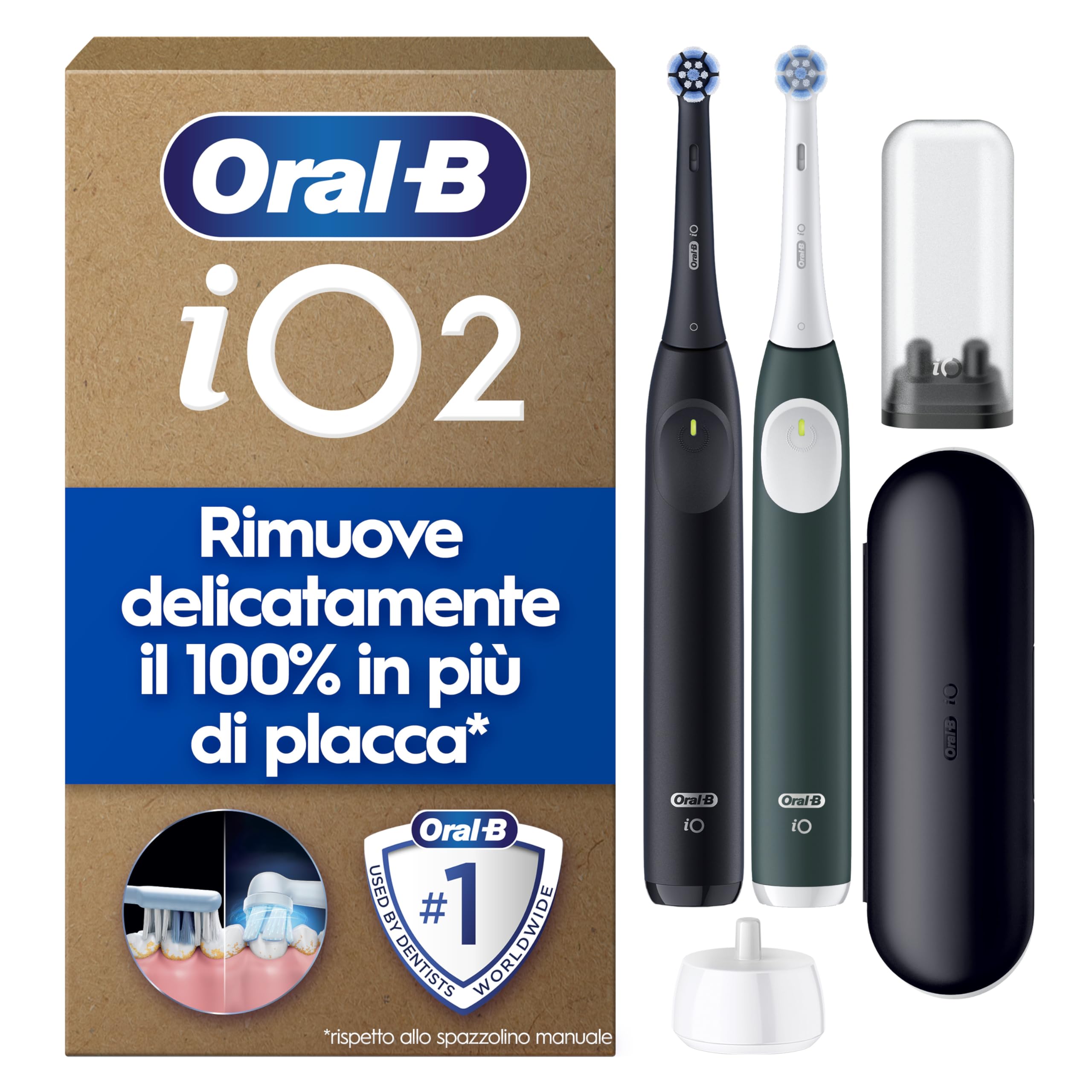 Oral-B iO 2 DUO Spazzolino Elettrico Oral B, Nero e Verde, 2 Testine Di Ricambio e Spazzolini, Custodia Da Viaggio, Porta Ricarica Da Viaggio. Delicato sulle Gengive, Sensore di Pressione