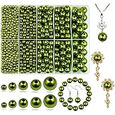 Military Green Pearl Beads for Jewelry Making, 1750pcs Army Green Pearl Craft Bead with Hole 4mm 6mm 8mm 10mm 12mm Loose Spacer Bead for Necklace Bracelet Wedding Dress Decor