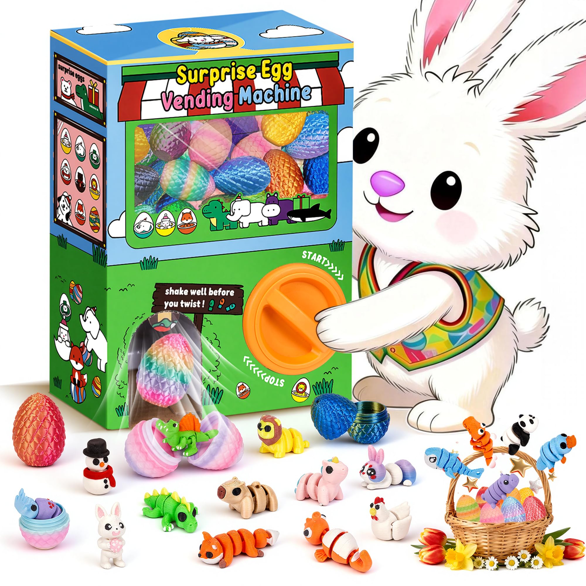 Photo 1 of 24Pcs Prefilled Easter Eggs Mini Vending Machine Easter Basket Stuffers Fillers Capsule Toy with Dragon Eggs & Articulated Animals, Easter Egg Hunt Surprise Gifts for Kids Boys Girls