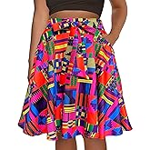 Afibi Womens African High Waist Tie Ankara Skirt Flared Dashiki Midi Skirt with Pockets