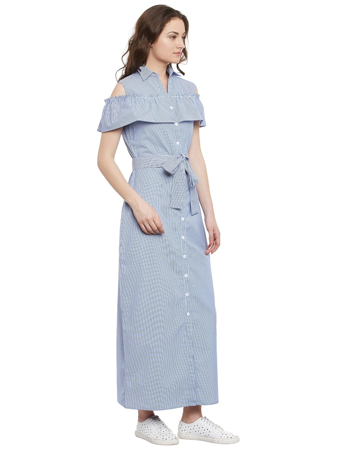 blue and white stripes ruffled button down maxi dress with belt