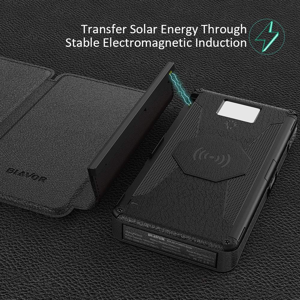 BLAVOR Solar Charger Five Panels Detachable, Qi Wireless Charger 20000mAh Portable Power Bank with Dual Output Type C Input Flashlight and Compass Kit (Black, 20000mah)