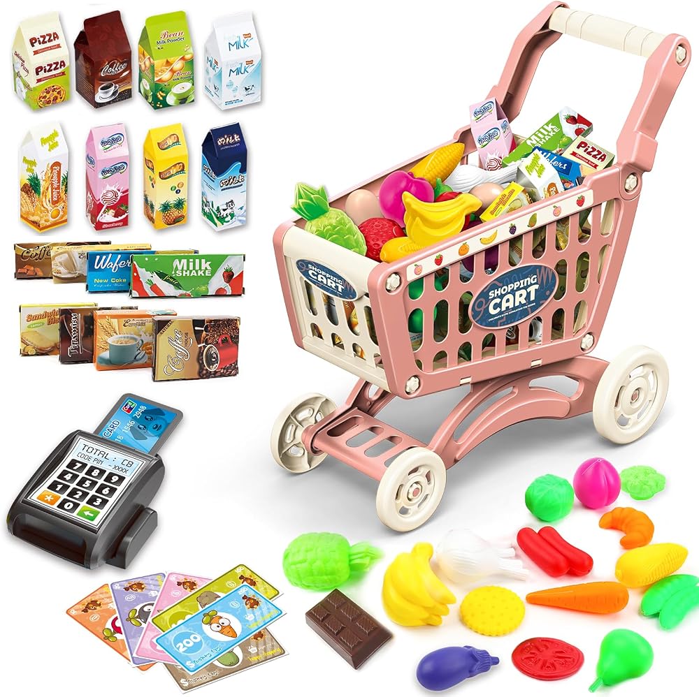 deAO Kids Shopping Cart Trolley 65 PCS Playset Red