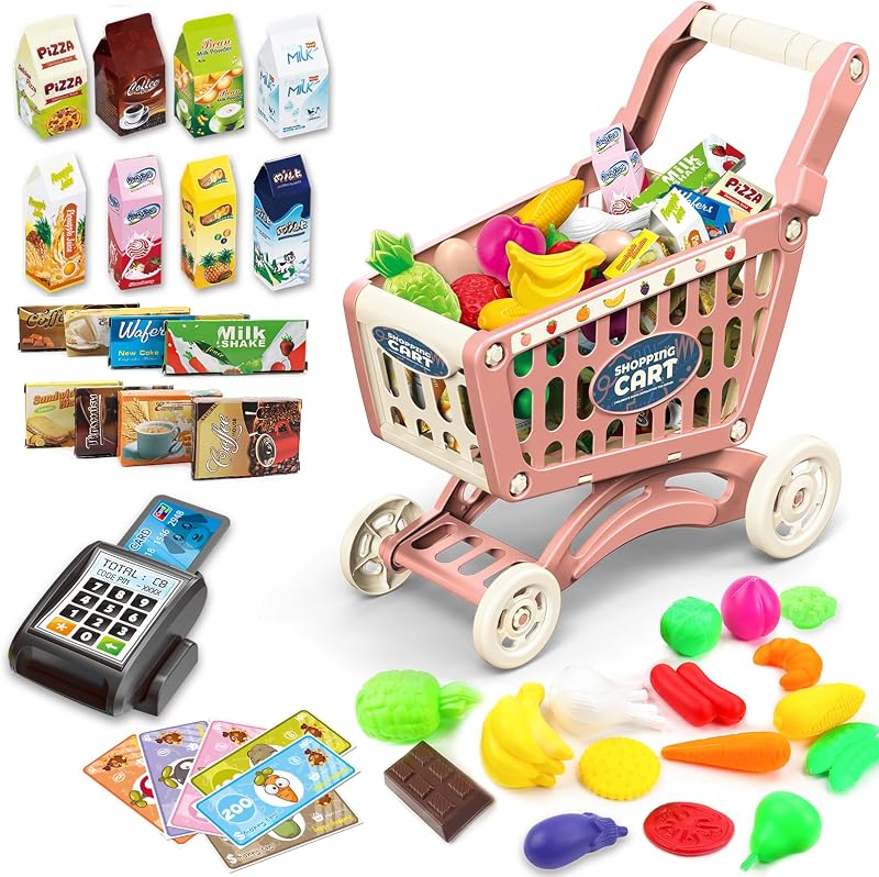 deAO Kids Shopping Cart Trolley 65 PCS Playset Red