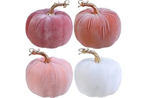 Winlyn Set of 4 Faux Pink Velvet Pumpkins Gold Stemmed Pumpkins Blush Coral Pink Peach Cream Decorative Fabric Pumpkins 5" for Fall Wedding Baby Shower Thanksgiving Halloween Table Centerpiece Décor