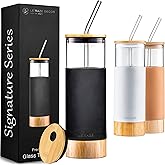 Le'raze Premium 20oz Glass Tumbler Cup Straw Bamboo Lid Base Protective Silicone Sleeve BPA Free Growler Water Bottle Reusable Drinking Glasses Cup for Iced Tea Coffee Smoothie Black