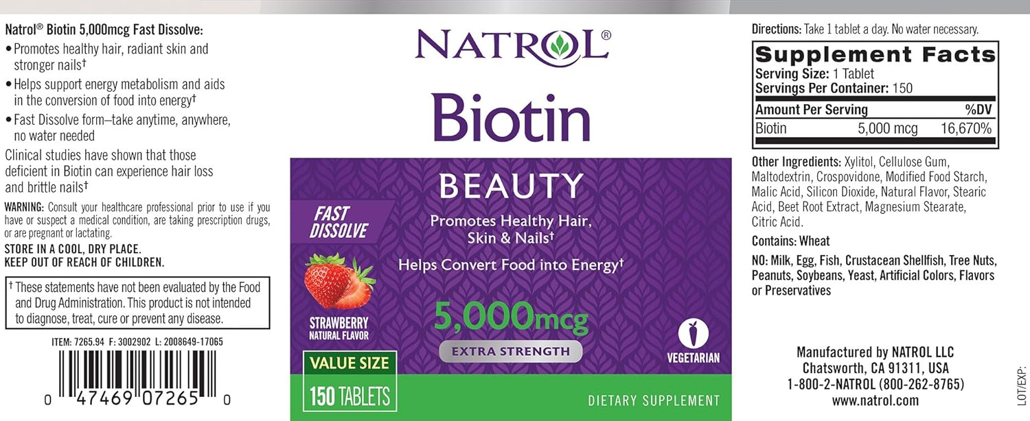 Natrol Biotin Beauty Tablets, Promotes Healthy Hair, Skin & Nails, Helps Support Energy Metabolism, Helps Convert Food Into Energy, 5,000mcg, 90Count: Health & Personal Care