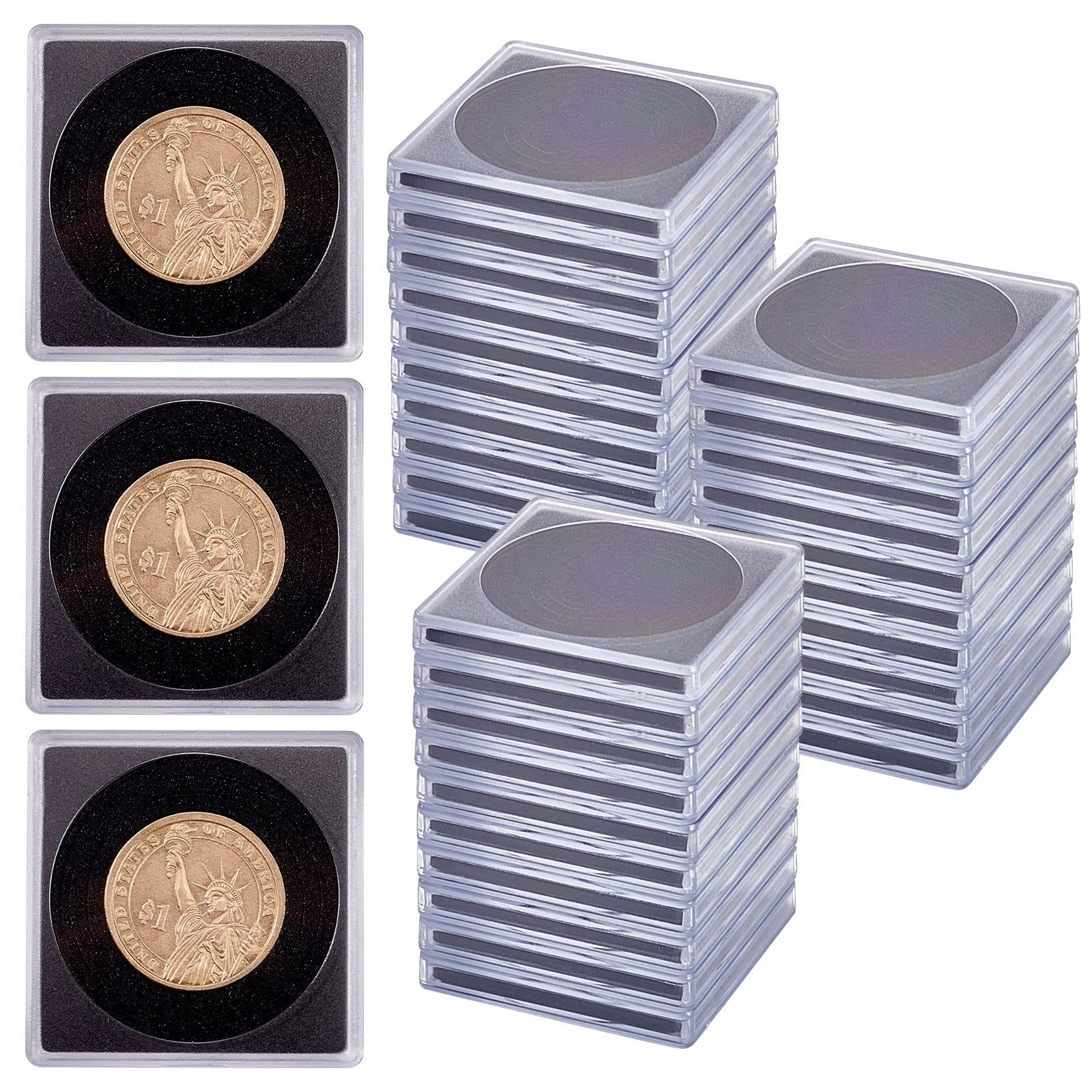 WEBEEDY 40 Pcs Coin Holder Case Clear Plastic Coin Capsules Container Adjustable Sequare Protect Foam Gasket Coin Storage for Collectors Silver Coin Collection Supplies Fit 5 Sizes(20/25/30/35/40mm)