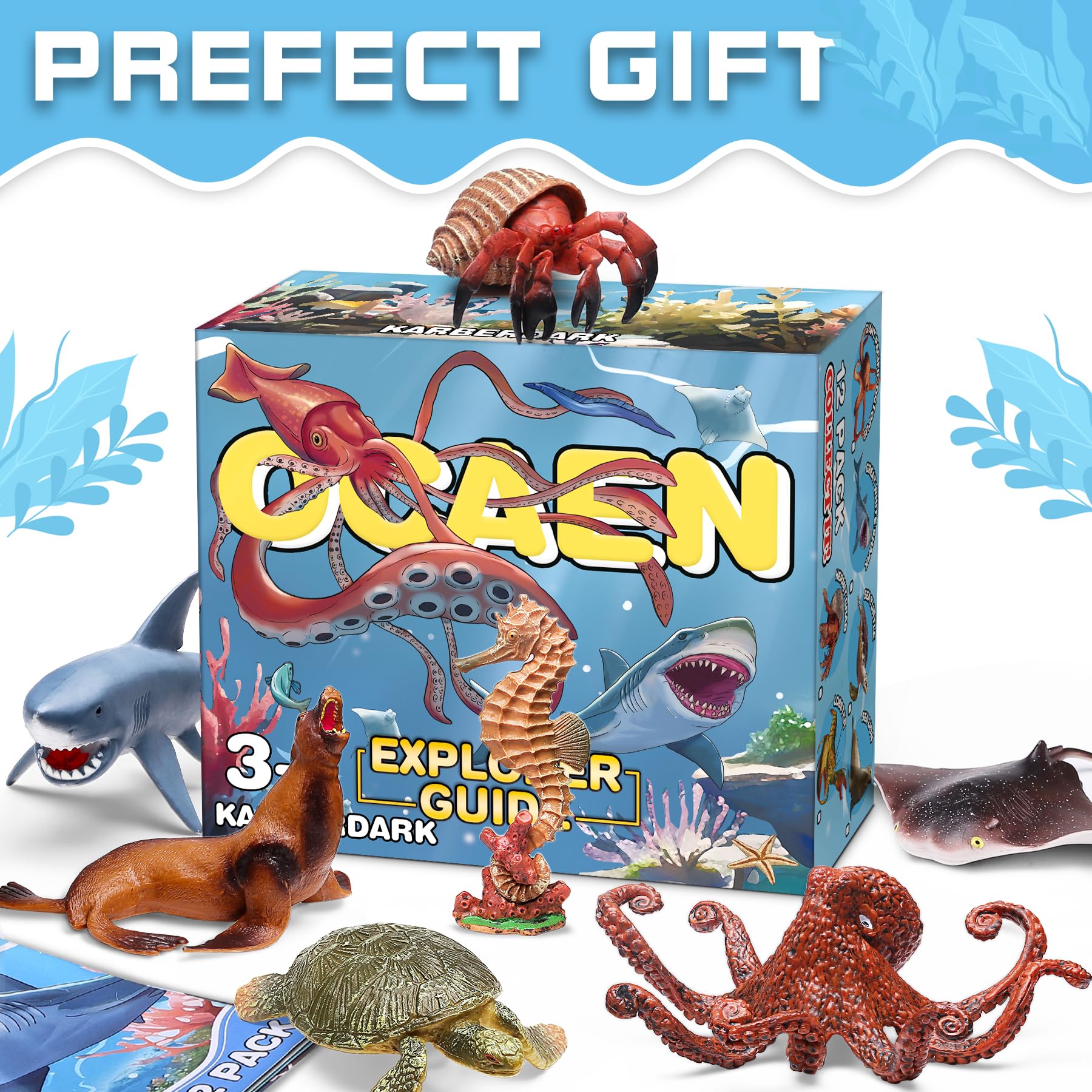 12 Pack Ocean Animal Toys with Educational Booklet for Kids, Realistic Soft Plastic Creatures Model Figures for Toddler Boys Girls, Under the Sea Party Favor, Birthday Gifts Water Table Toy