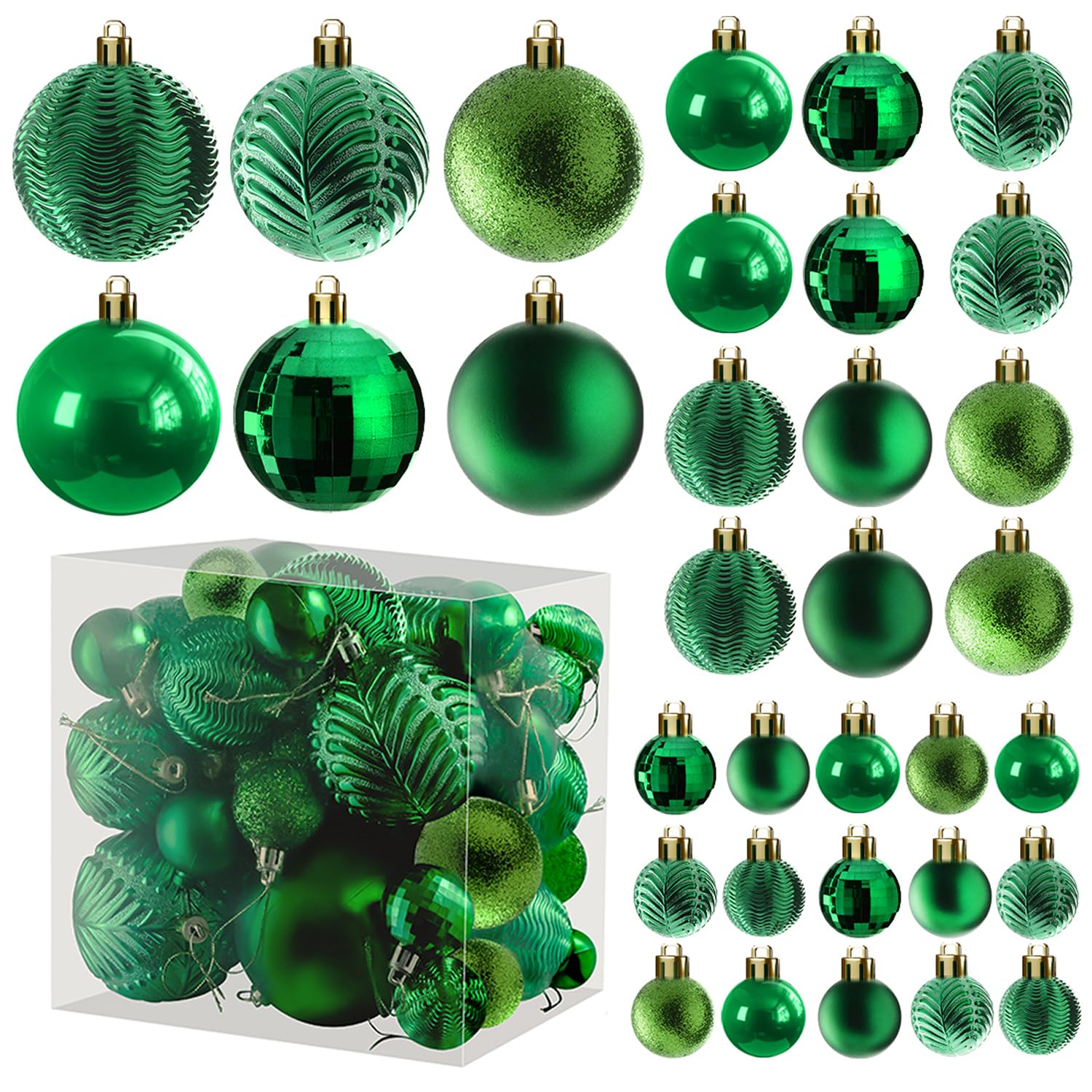 Prextex Green 36-Piece Shatterproof Glitter Balls, Christmas Tree Baubles, Exquisite Xmas Combo of 36 Christmas Balls and Shape Styles