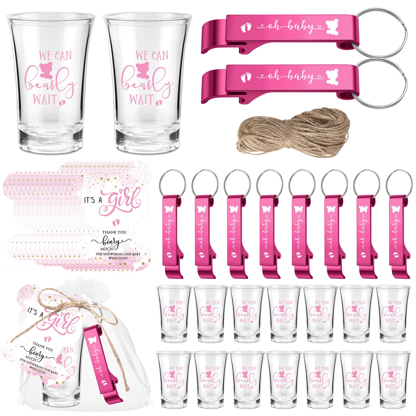 Photo 1 of Blushtier 25 Sets Baby Shower Party Favor Shot Glasses Cute Bottle Opener Keychains Thank You Tags and Bags Baby Shower Favors Gender Reveal Party Guests Return Gift(Pink,Bear Girl)