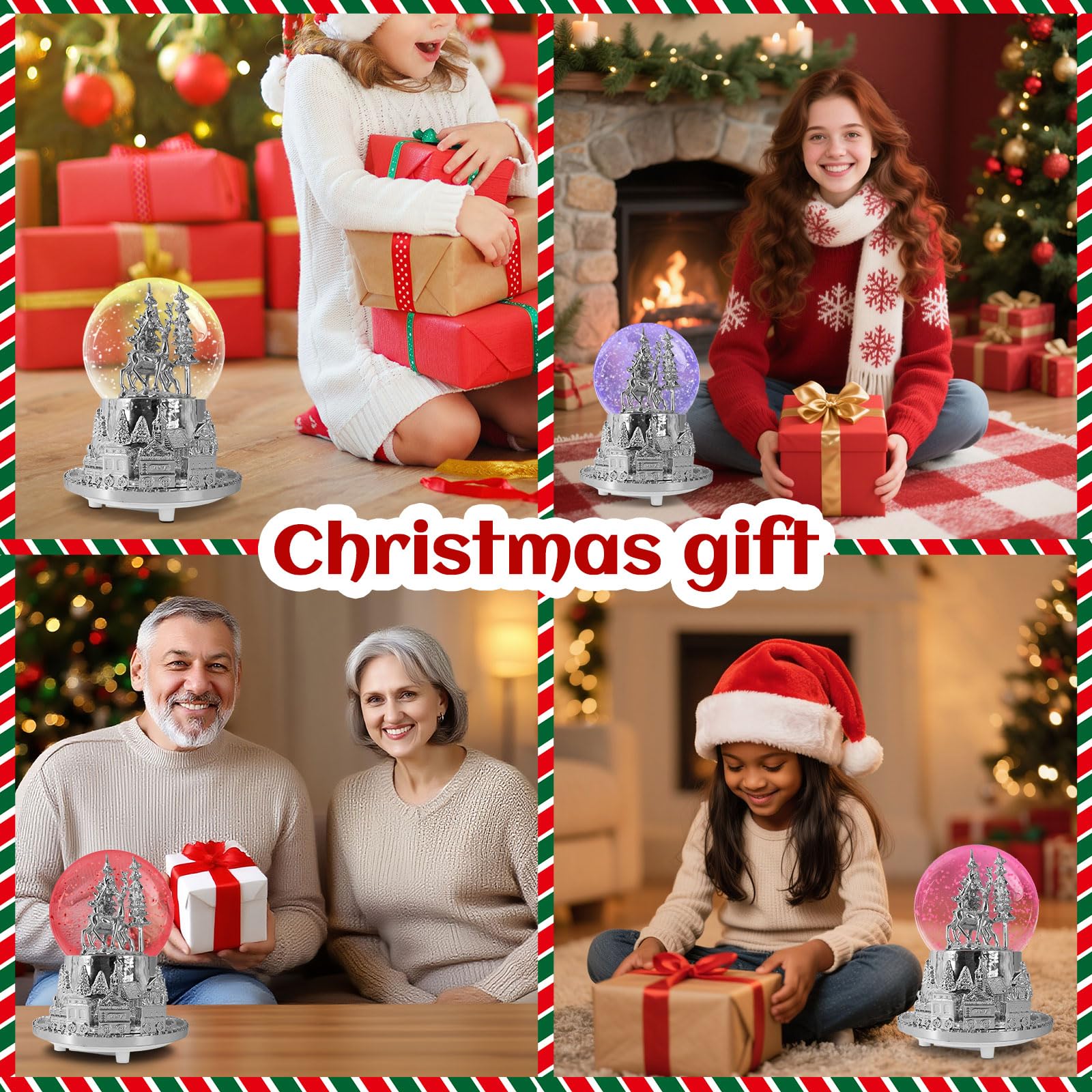 Hpoeude Musical LED Light Up Snow Globe with Rotating Train, Winter White Deer Christmas Decor, 7 Inch Height Cool Water Globe, Valentine's Day Gift for Women Adults