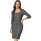 Allegra K Tweed Dress for Women Elegant 3/4 Sleeve Plaid Business Work Bodycon Pencil Dress