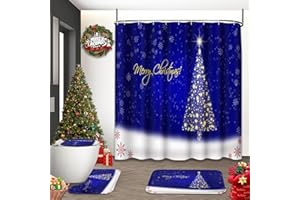 ARTSOCKET Blue Christmas Tree Bathroom Set Shower Curtain Set with Rugs Bathroom Set with Non-Slip Rug,Toilet Lid Cover,Bath Mat and 12 Hooks 72x72 inches Bathroom Decor 4 Pcs