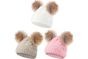 GEYOGA 3 Pieces Baby Beanies Toddler Kids Hats Winter Double Pompom Beanies Caps Knitted for Girls Boys
