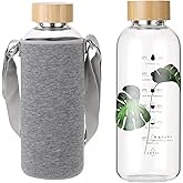 Ttifangix 50 Oz Glass Water Bottle Wide Mouth with Time Markers, Bamboo Lid, Neoprene Sleeve Bpa Free