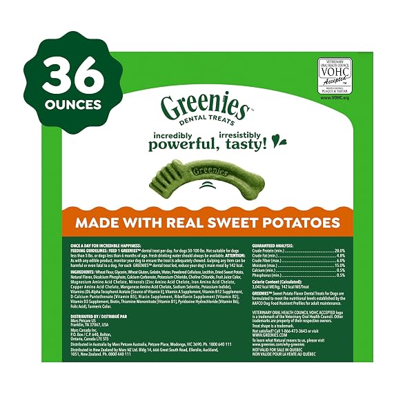 GREENIES DOG TREATS, VETERINARIAN-RECOMMENDED NATURAL DENTAL DOG TREATS, LARGE SIZE, SWEET POTATO FLAVOR, 36 OZ. PACK, 24 COUNT