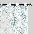 FMFUNCTEX Linen Semi Sheer Curtains for Bedroom, Auqa Blue White Curtains 84 Inches Long for Living Room, Grey Tree Branch Patterned Curtain Light Filtering Window Drapes, Grommet Top 2 Panels