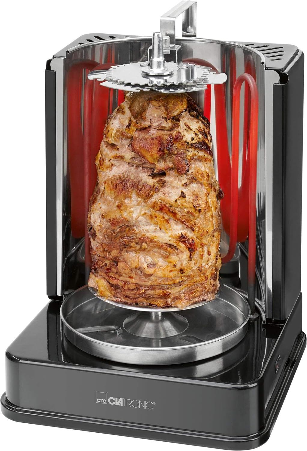 Clatronic DVG 3686 3in1 Döner-/Hähnchen und Schaschlik-Vertikal-Multigrill, Edelstahl-Fettauffangbehälter, 1400 W, Schwarz