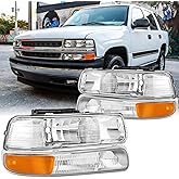 Headlight Assembly with bumper lamps Set For 2000 2001 2002 2003 2004 2005 2006 Chevy Tahoe Suburban For 1999-2002 Chevy Silverado 1500 2500 3500 Replacement Headlamps Chrome inside Clear Lens(LH&amp;RH)