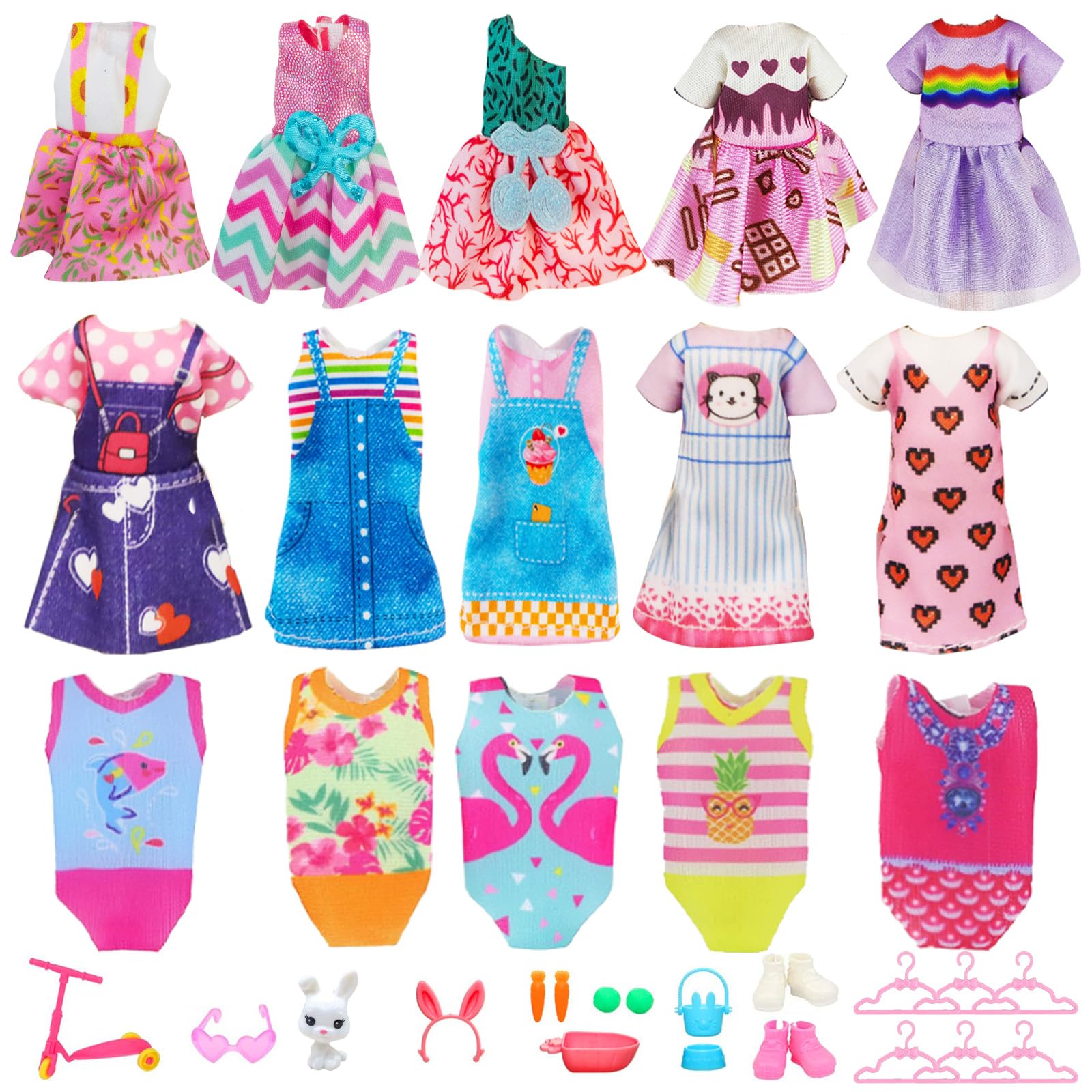 Photo 1 of 27 Pcs 6 Inch Doll Clothes and Accessories Include 5 Fashion Dresses 3 Swimsuit 2 Pair of Shoes 6 Hangers 1 Scooter 1 Heartglasses 1 Bunny 8 Pcs Play Set for Girls 5.3-6 Inch Doll