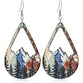 Handmade Bohemian Colorful Vintage Nature Wooden Mountain Dangle Drop Earrings Boho Lightweight Wood Hollow Teardrop Hook Earring with Tree Pattern for Women Statement Outdoor Enthusiast Jewelry Gifts