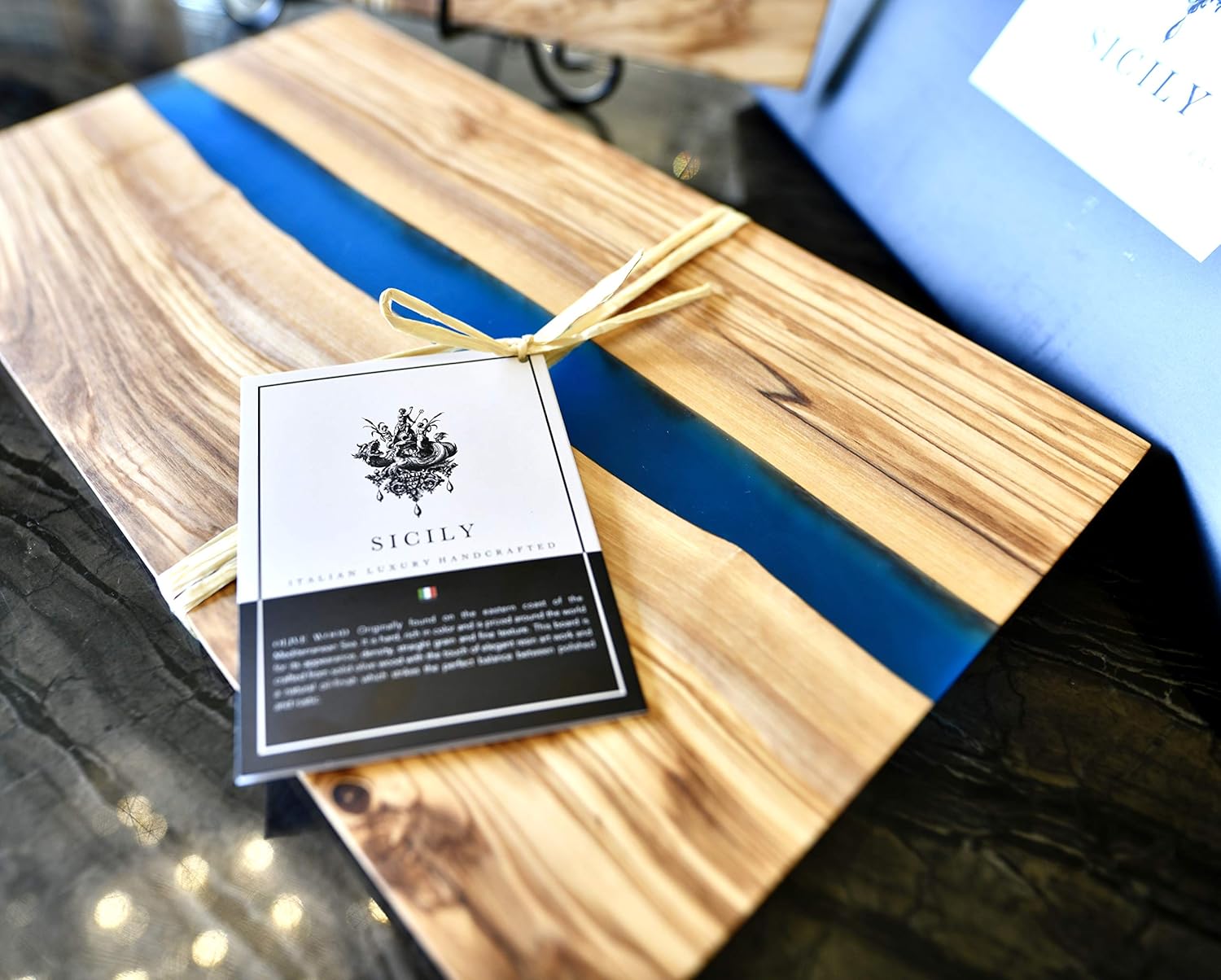 Amazon Com Italian Olive Wood Luxury Cheeseboard Charcuterie Board Cutting Board Kitchen Decor With Ocean Blue Resin Art Epoxy River Blue Kitchen Dining