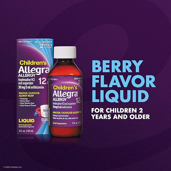 ALLEGRA CHILDREN’S 12-HOUR ALLERGY RELIEF LIQUID, NON-DROWSY INDOOR AND OUTDOOR ALLERGY MEDICINE, 30 MG FEXOFENADINE HCI ANTIHISTAMINE FOR KIDS, BERRY FLAVOR, 4 OZ