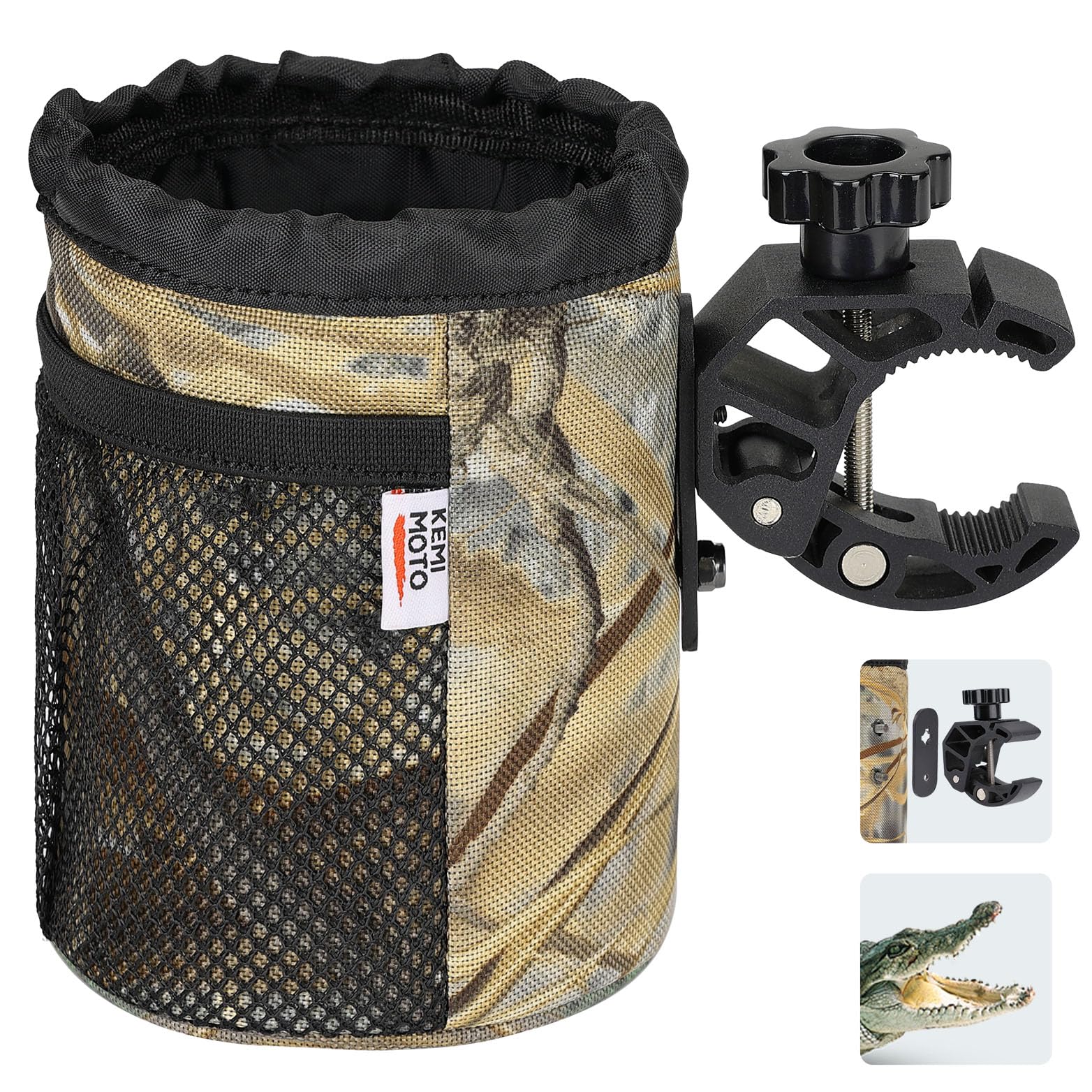 Photo 1 of KEMIMOTO Motorcycle Cup Holder, Oxford Fabric Motorcycle Drink Holder with 0.6"-1.5" Alligator Clamp, Universal Water Bottle Cup Accessories for Bike, ATV/UTV, Scooter, Boat, Walker, Yellow Camo