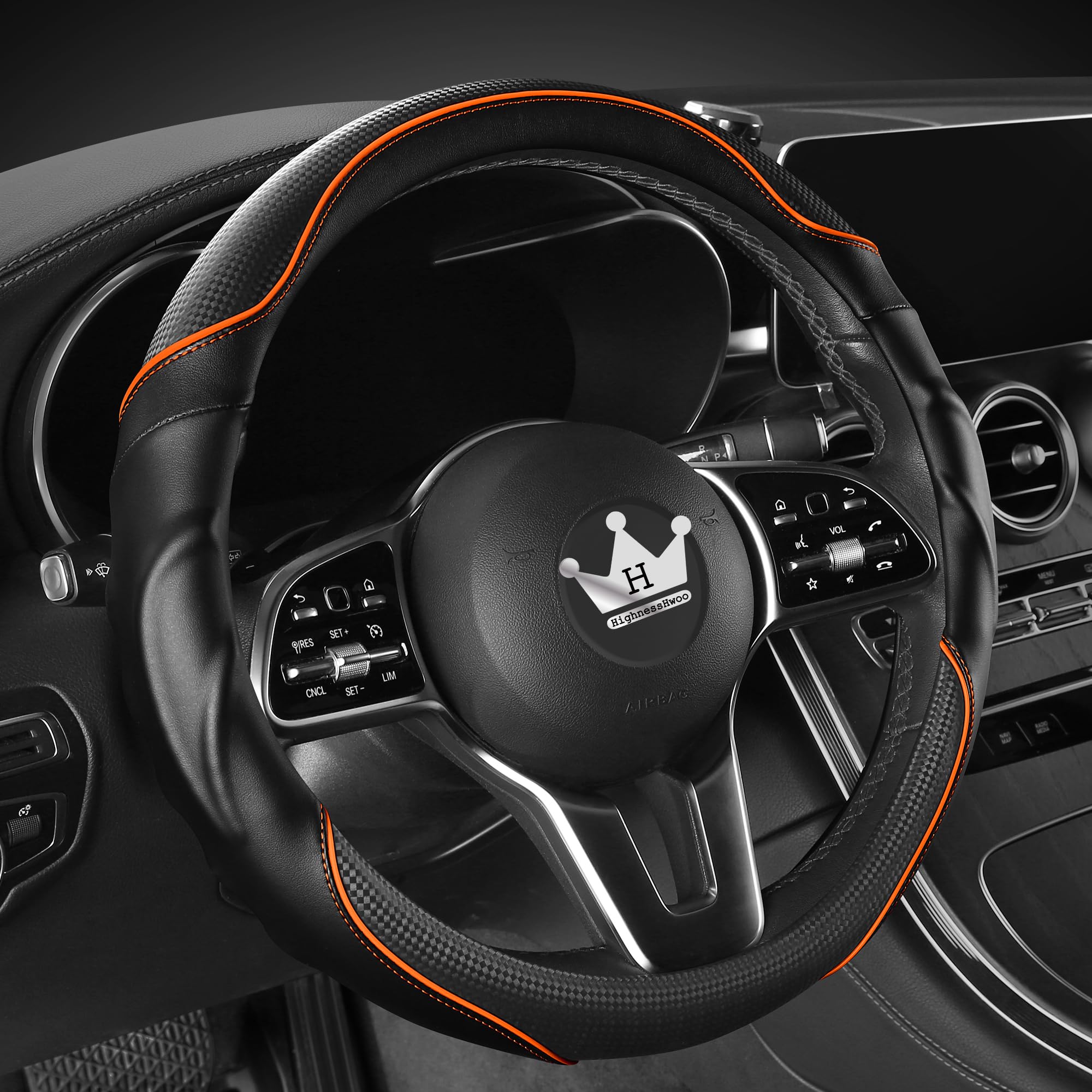 Photo 1 of HighnessHwoo 3D Car Steering Wheel Cover Comfort Grip Massage Sporty Anti-Slip Carbon Fiber Faux Leather for F150, Trucks, Jeep, Van, Car Handle Covers for All Seasons, 15.2-16in, Orange