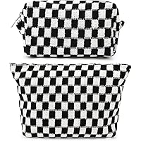 SOIDRAM 2 Pieces Makeup Bag Large Checkered Cosmetic Bag Black Capacity Canvas Travel Toiletry Bag Organizer Cute Makeup Brus