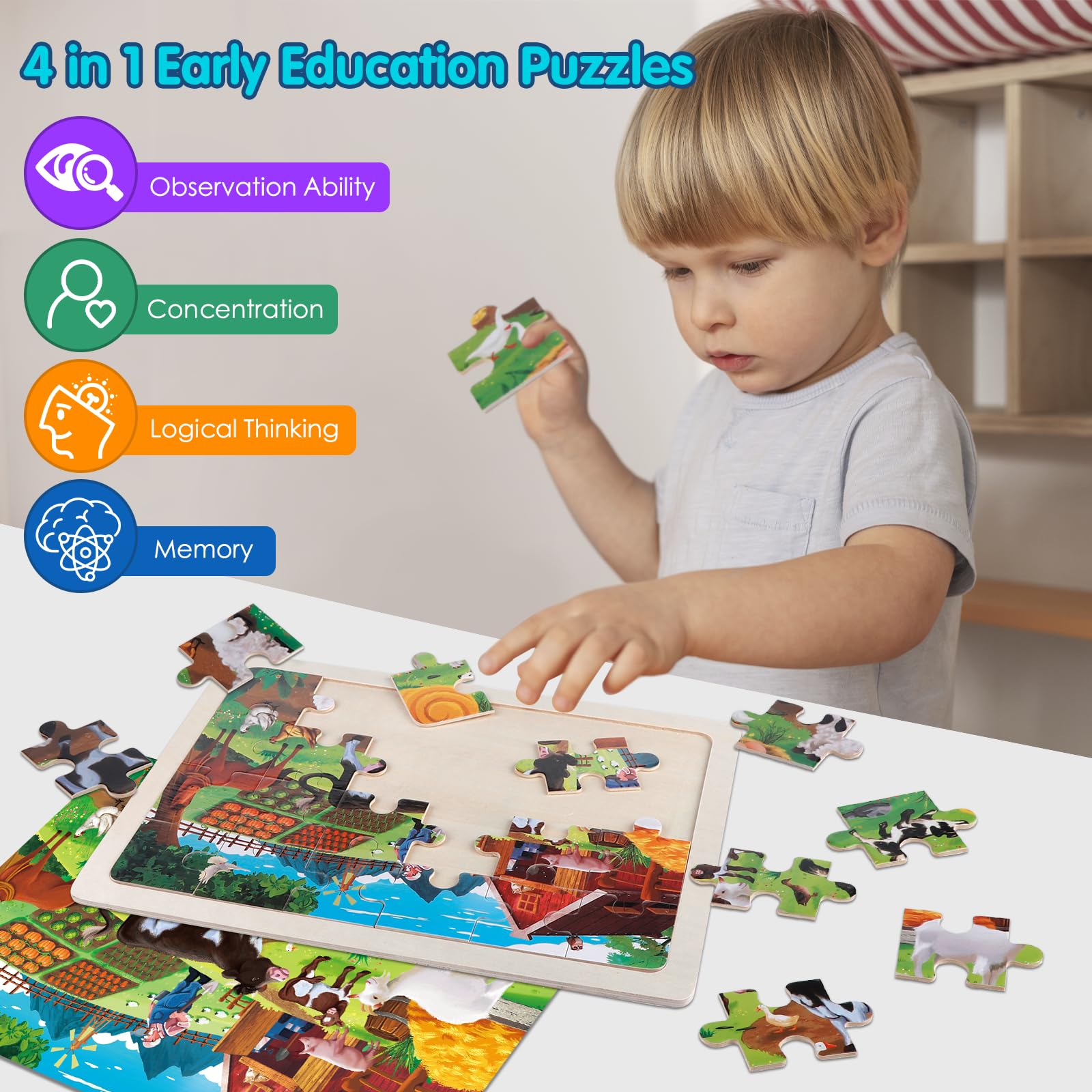 Holzpuzzle ab 3 Jahren, 4x24 Teile Tiere & Dinosaurier 2