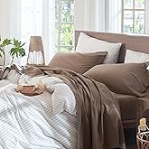 MooMee Bedding Sheet Set 100% Washed Cotton Linen Like Textured Breathable Durable Soft Comfy (Solid Brown, Full)